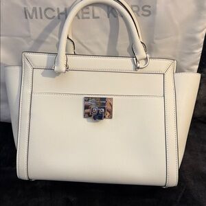 Michael Kors Cream Leather Structured Tote with Silver Hardware